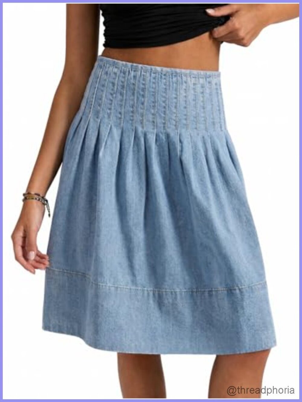 High Waisted Pleated Denim A-Line Midi Skirt